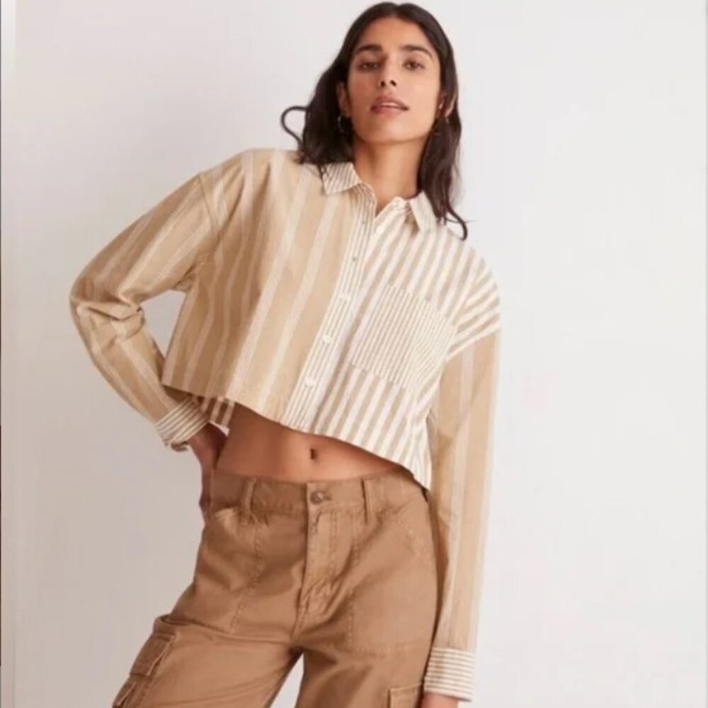 Madewell Tan White 2 in 1 Oversized Striped 100% Cotton Shirt Size S - Picture 5 of 15